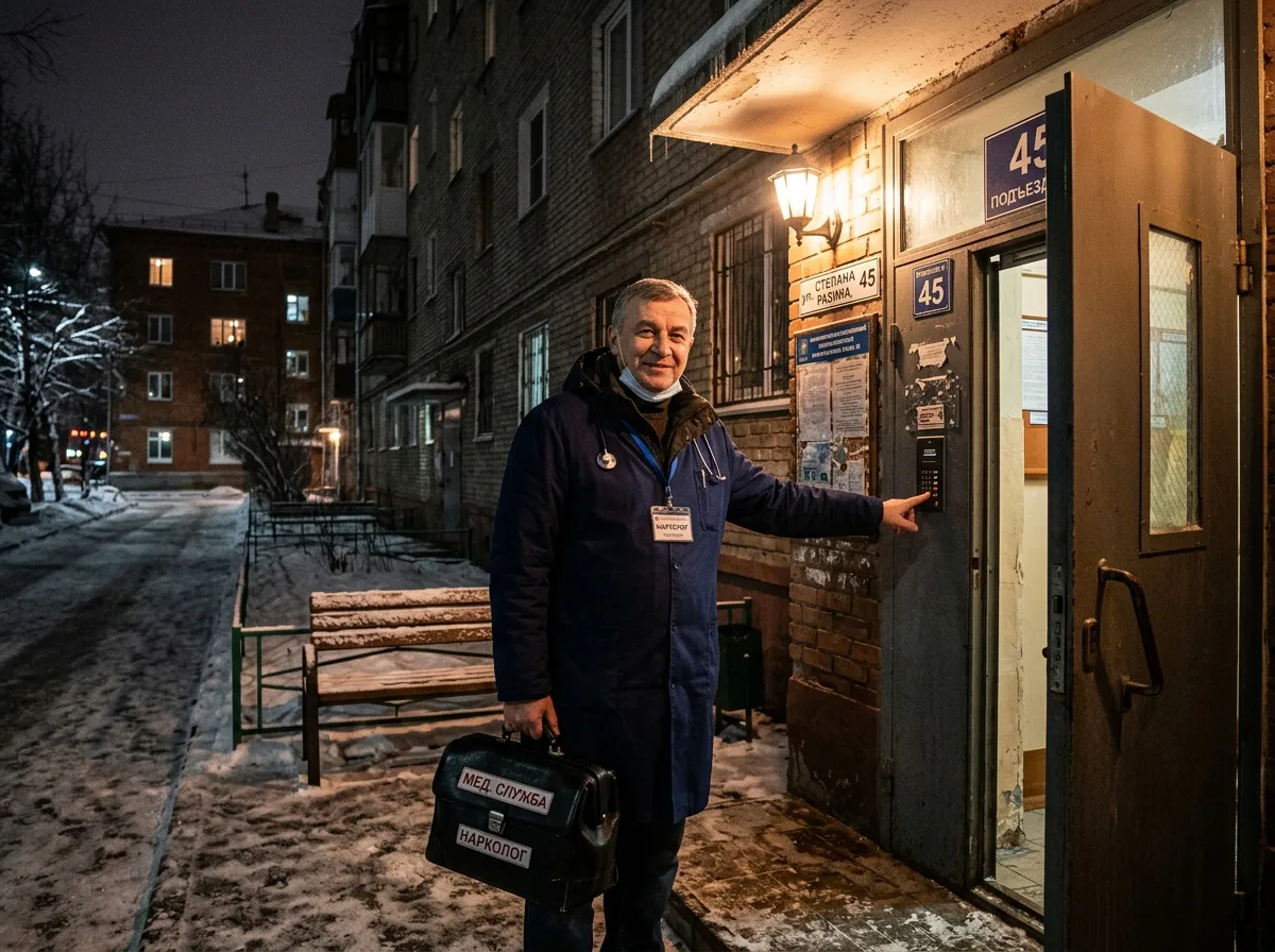 Врач-нарколог с медицинским чемоданом у двери жилого дома в Самаре, ночь, уличный фонарь, доверительная атмосфера